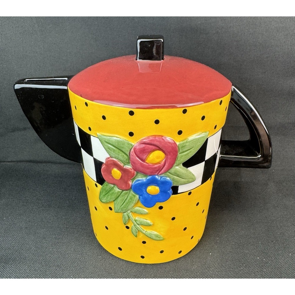 Vintage Mary Engelbreit Teapot Coin Piggy Bank 1995 Yellow Floral Polka Dots 6"